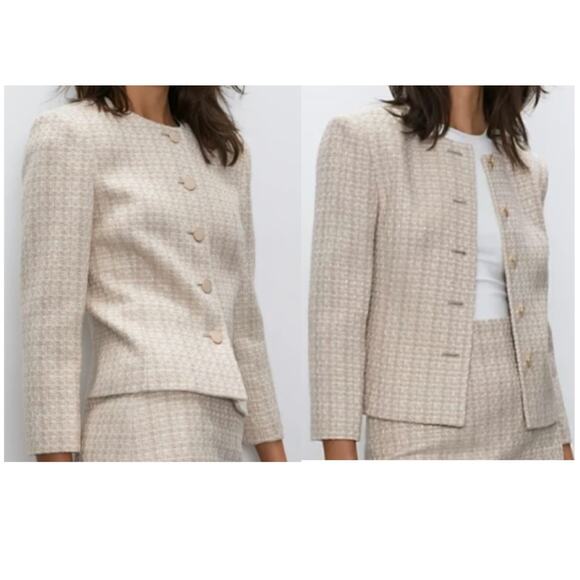 Babaton Size 8 Neutral Beige Little Tweed Cropped Button-Up 3/4 Sleeve Jacket - Picture 1 of 11